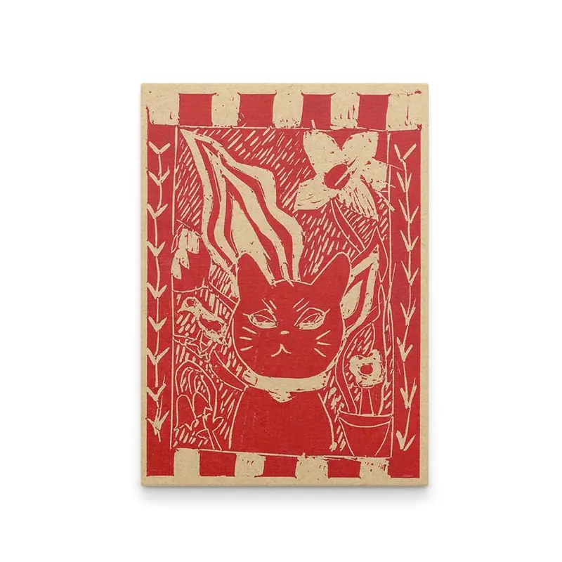 LinoPrint-Red Cat-Postcard